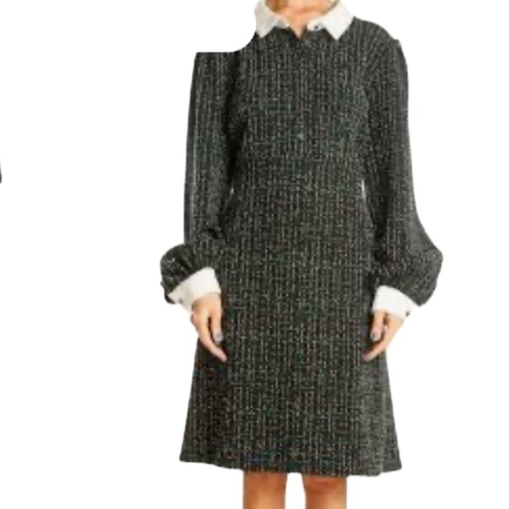 DKNY black-and-white textured dress with white collar and white cuffs size 14
